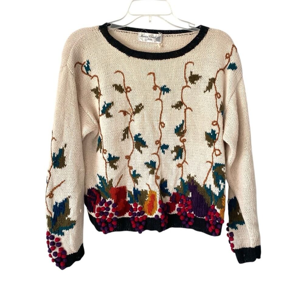 Marisa Christina Petite Hand Knit Embroidered Grape Wine Fall Sweater PL Leaves